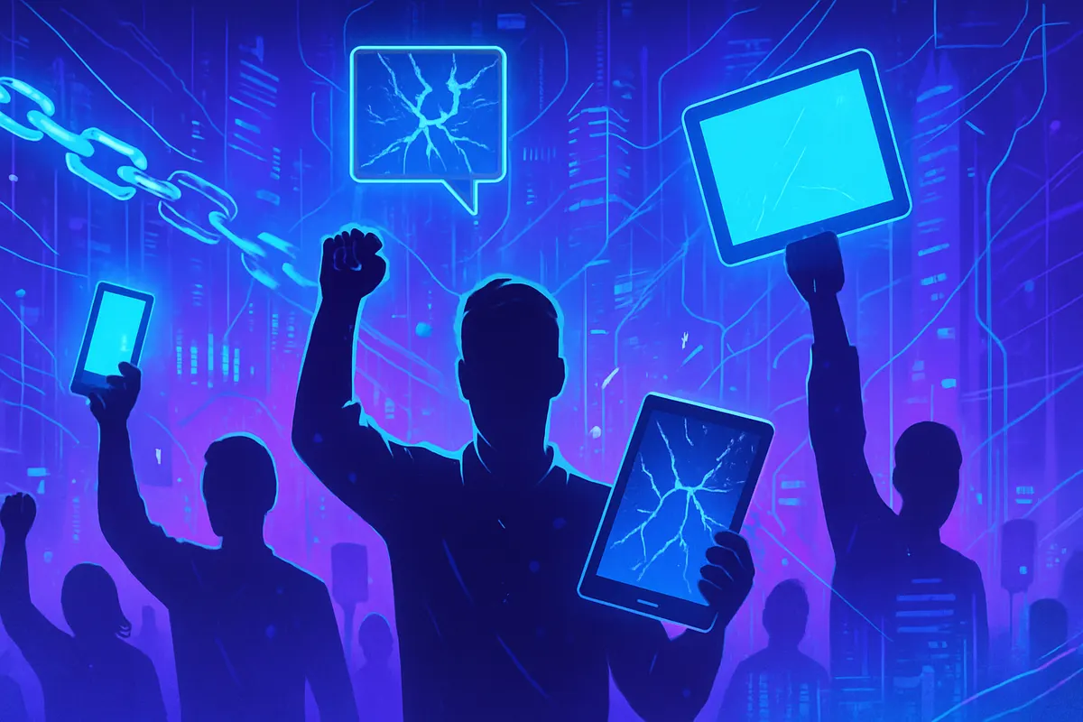 Citoyens utilisant téléphones et ordinateurs pour préparer des contenus de mobilisation sur les réseaux sociaux.