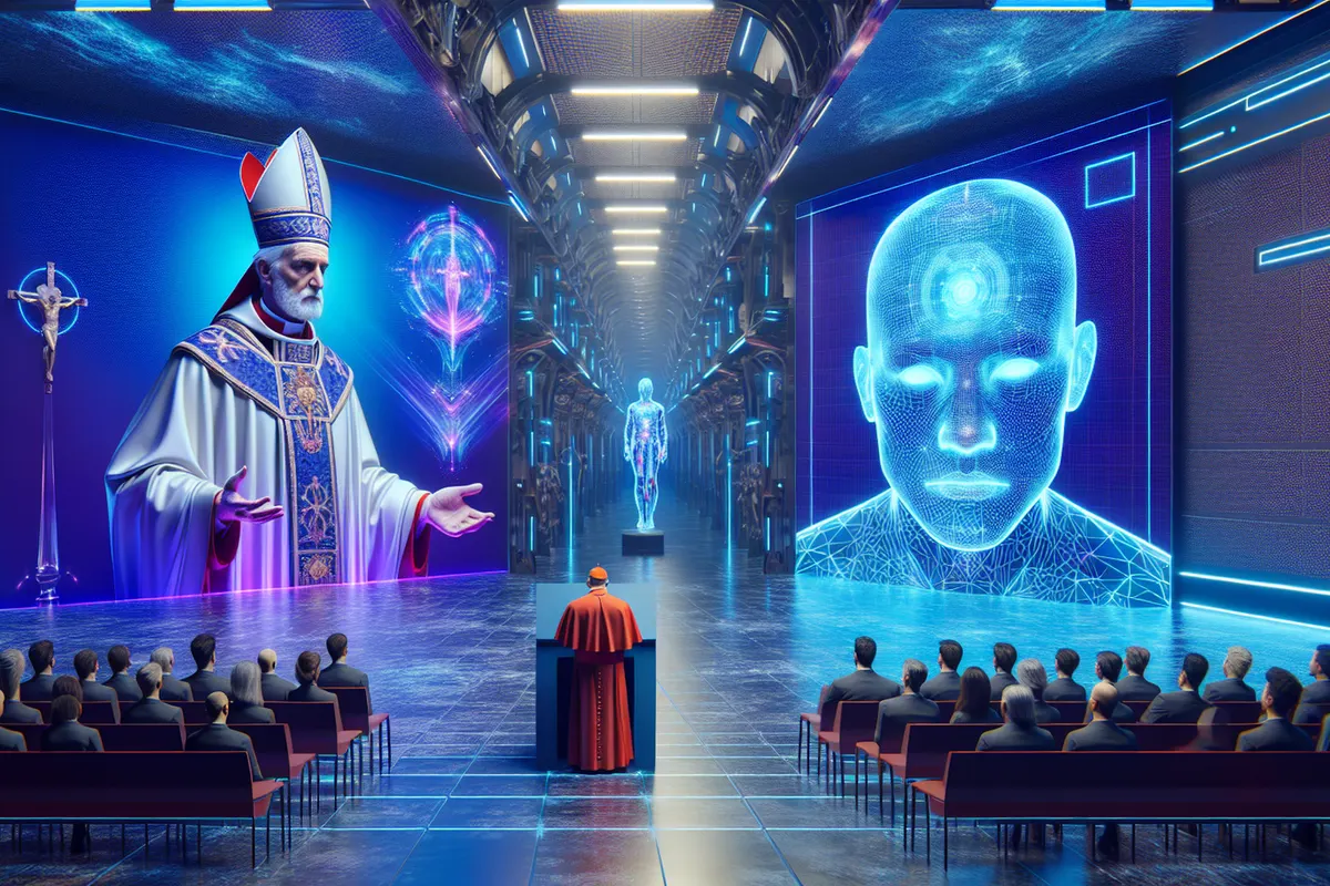 Un smartphone affiche une image IA d’une figure politique en tenue papale devant une place catholique.