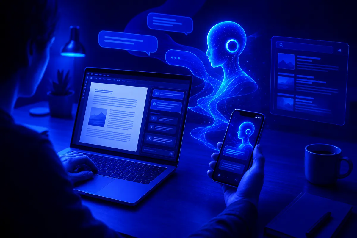 Une personne utilise sur ordinateur et smartphone un assistant conversationnel pour rédiger et rechercher des informations.