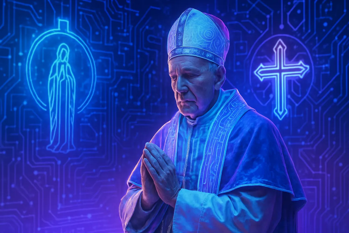 Un religieux étudie des textes historiques près d’une tablette évoquant les enjeux éthiques de l’intelligence artificielle.