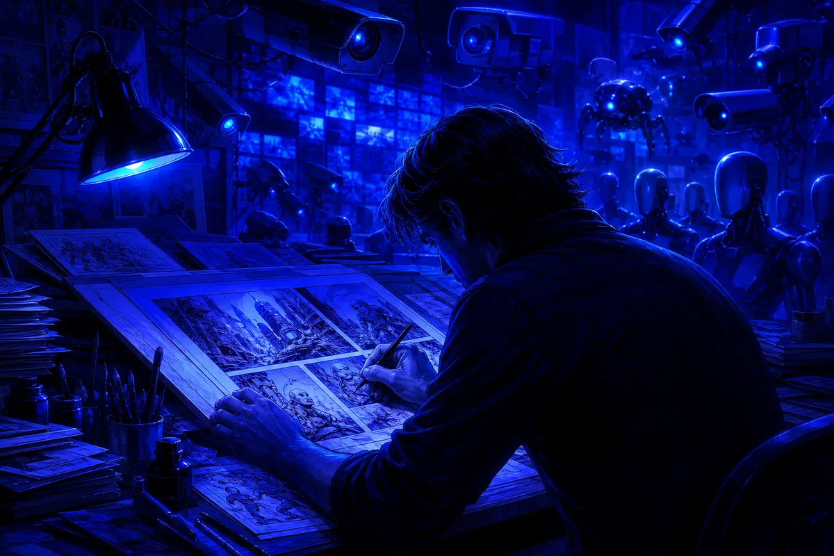 Un dessinateur encre une planche de bande dessinée tandis que des technologies autonomes se devinent au loin.