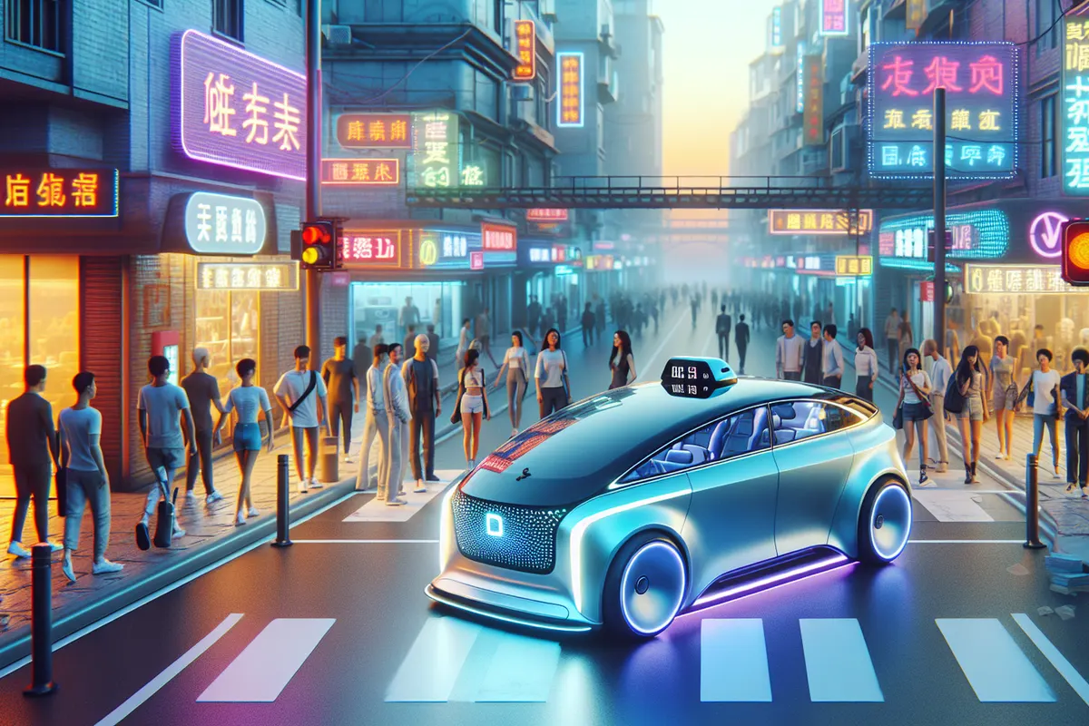 Un véhicule autonome sans chauffeur attend des passagers dans une rue urbaine moderne.