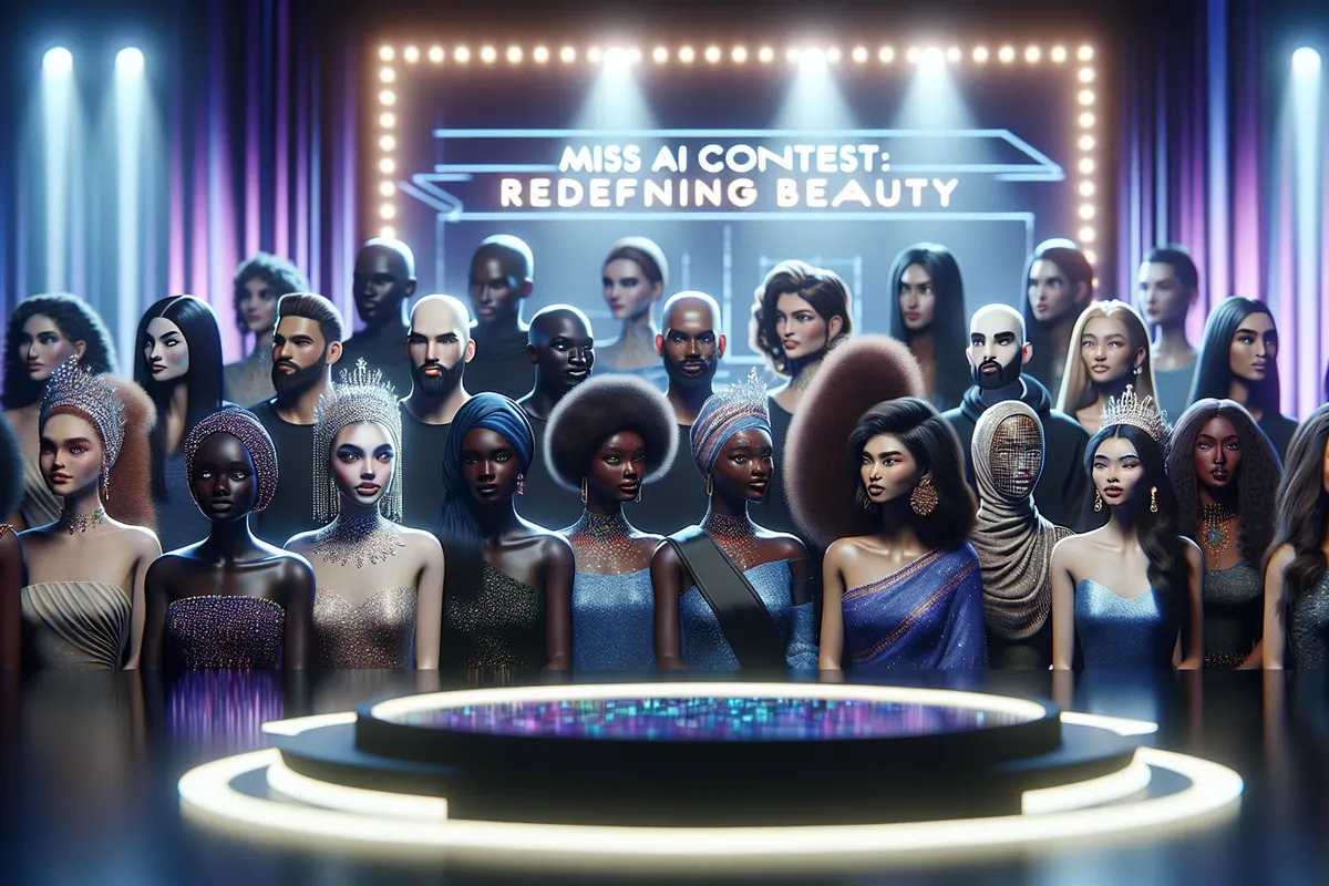 Des avatars féminins virtuels défilent sur des écrans devant un jury dans un studio numérique.