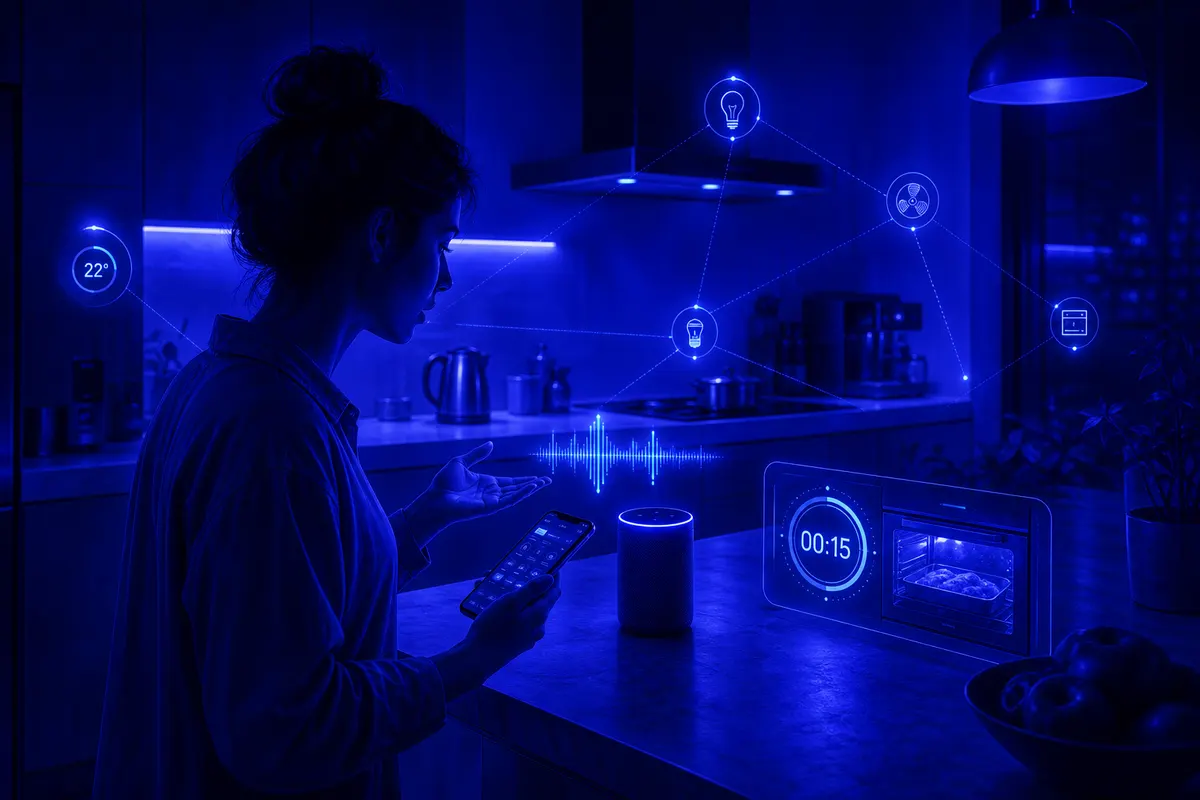 Une personne donne une commande vocale à une enceinte connectée près d’une minuterie de cuisine.