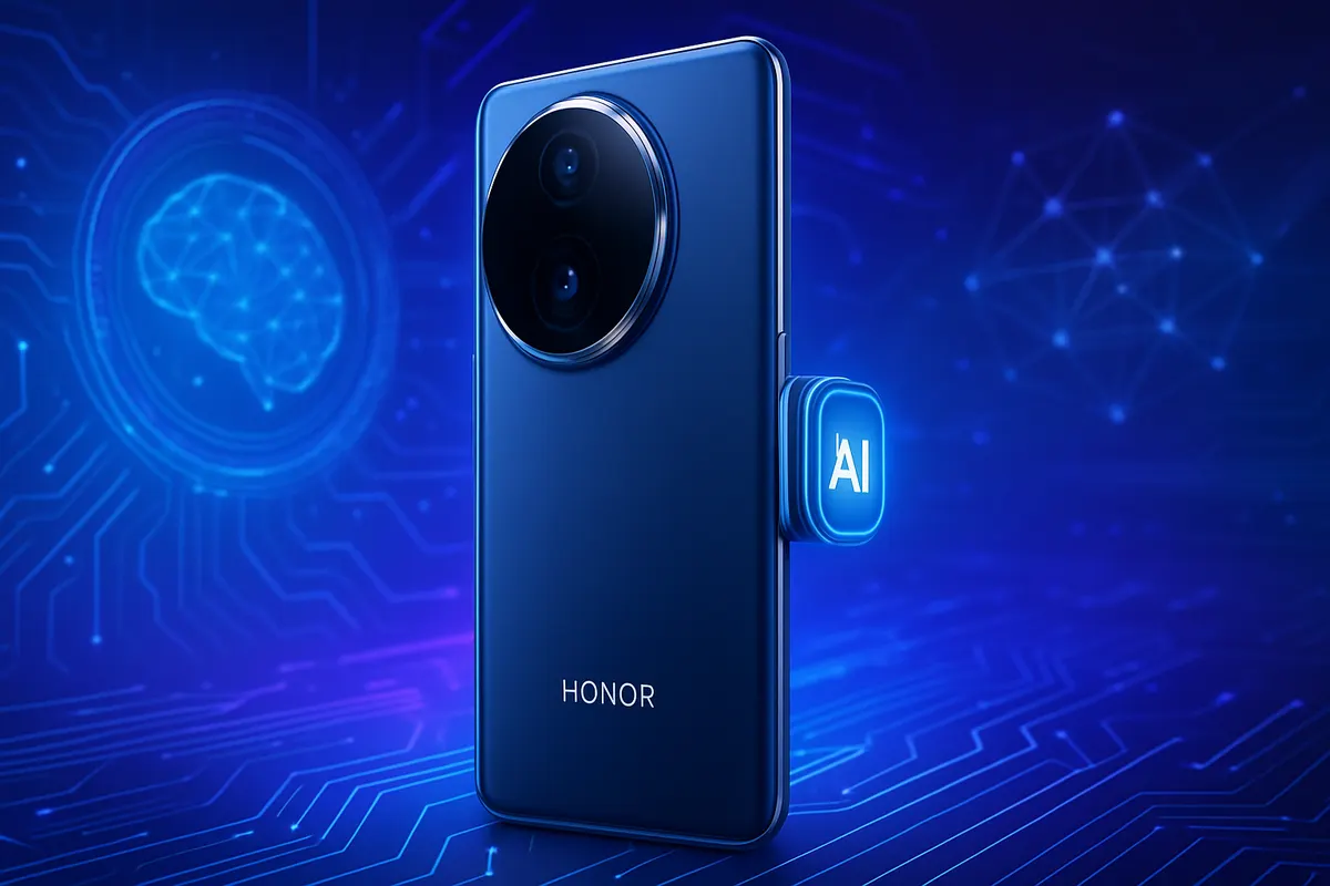 Vue arrière et latérale d’un smartphone avec module photo circulaire et bouton latéral dédié à l’IA.