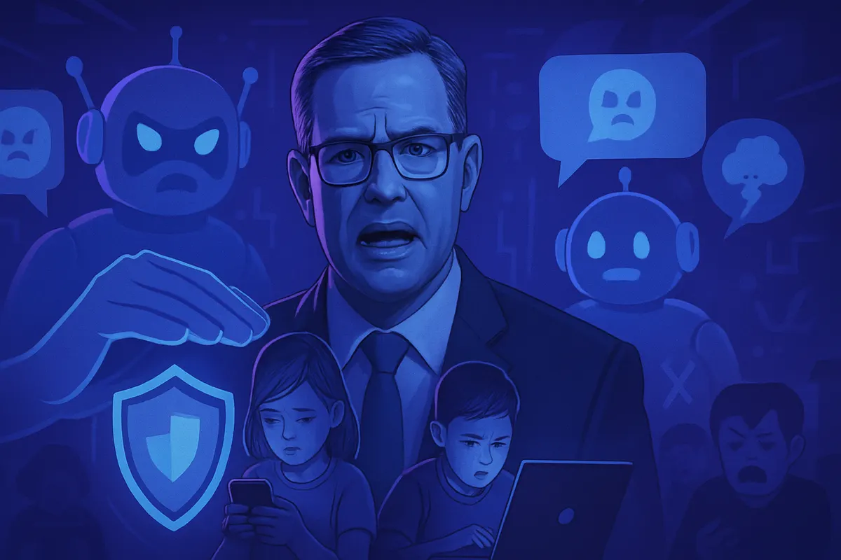 Un adolescent accompagné d’un parent et d’un enseignant face à un ordinateur, pour prévenir le cyberharcèlement.