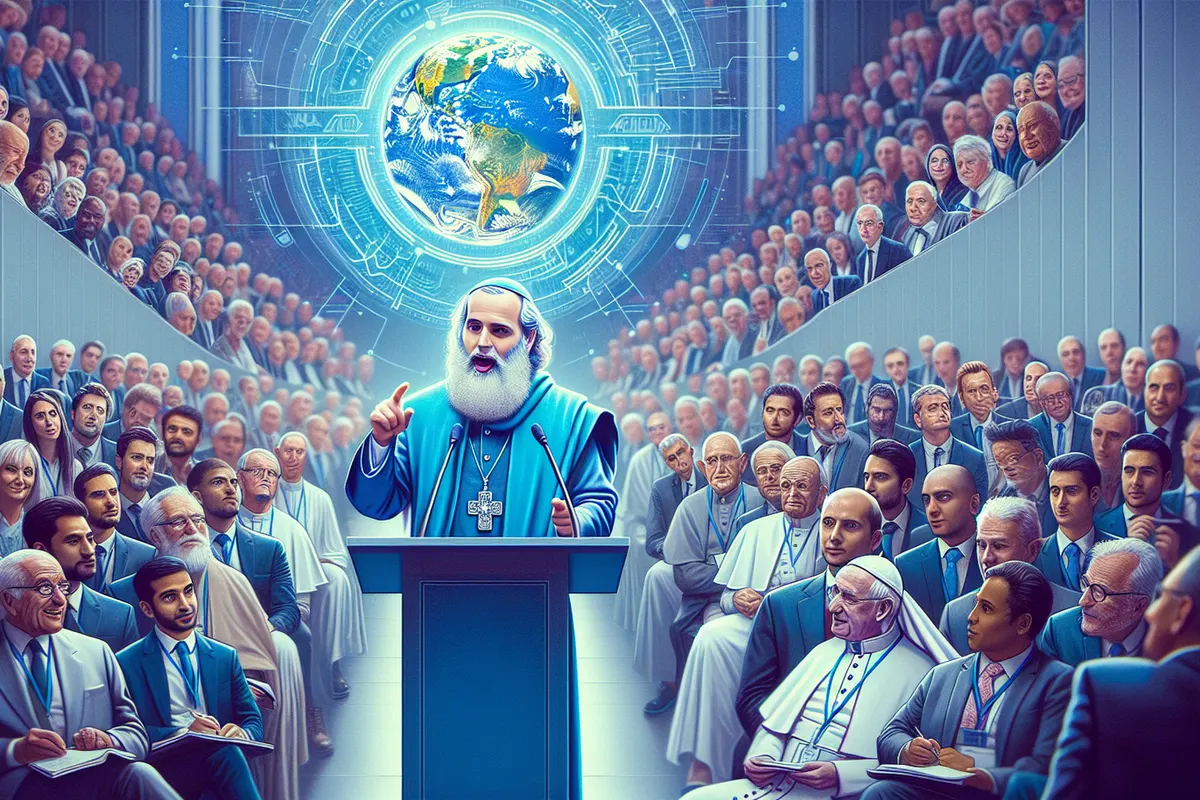 Un dirigeant religieux s’exprime devant des responsables internationaux sur les enjeux éthiques de l’intelligence artificielle.