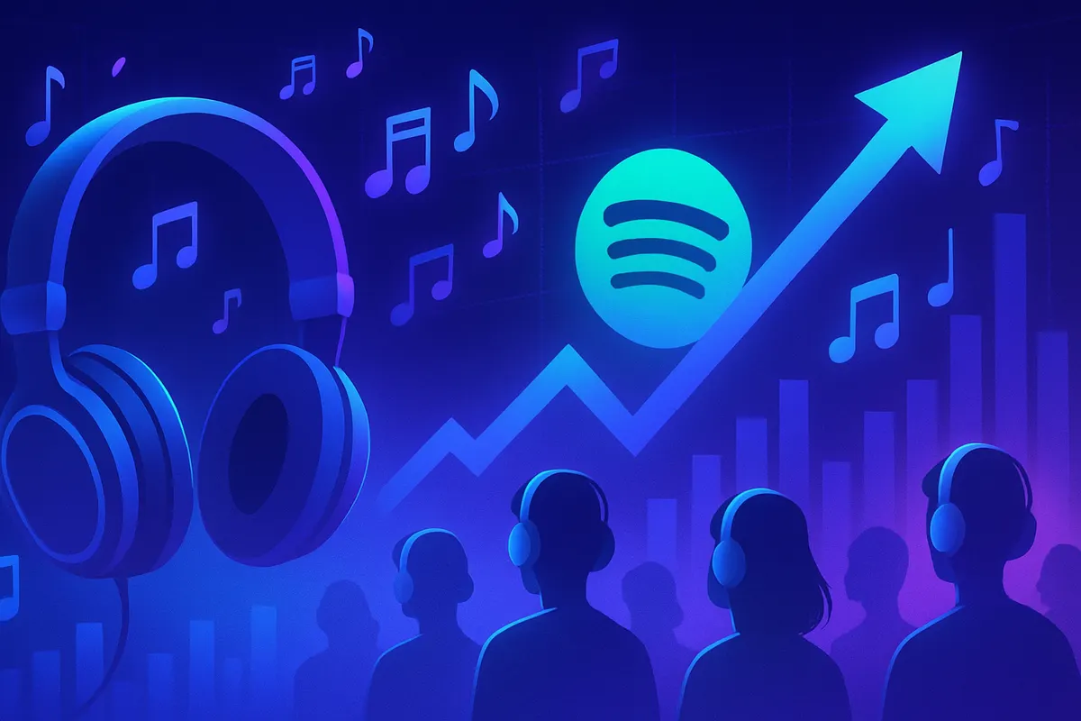 Un smartphone affiche un groupe mystérieux tandis qu’une scène vide évoque la musique générée par IA.