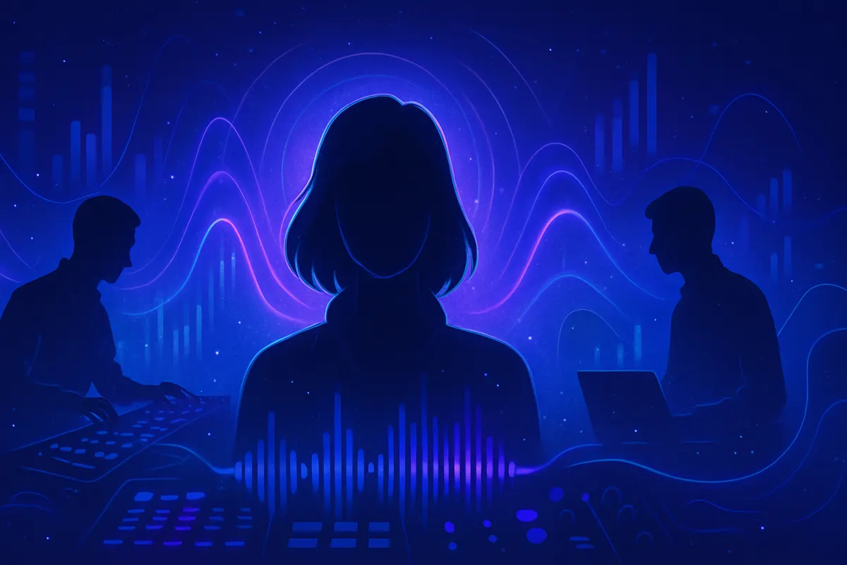 Studio musical avec écrans audio et silhouettes abstraites symbolisant un groupe créé par intelligence artificielle.