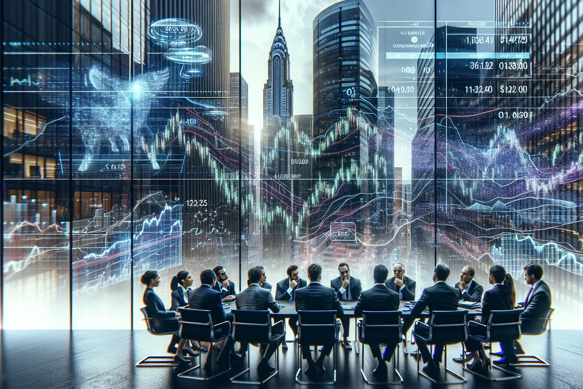 Un investisseur analyse des données boursières et des indicateurs économiques assistés par une interface d’intelligence artificielle.