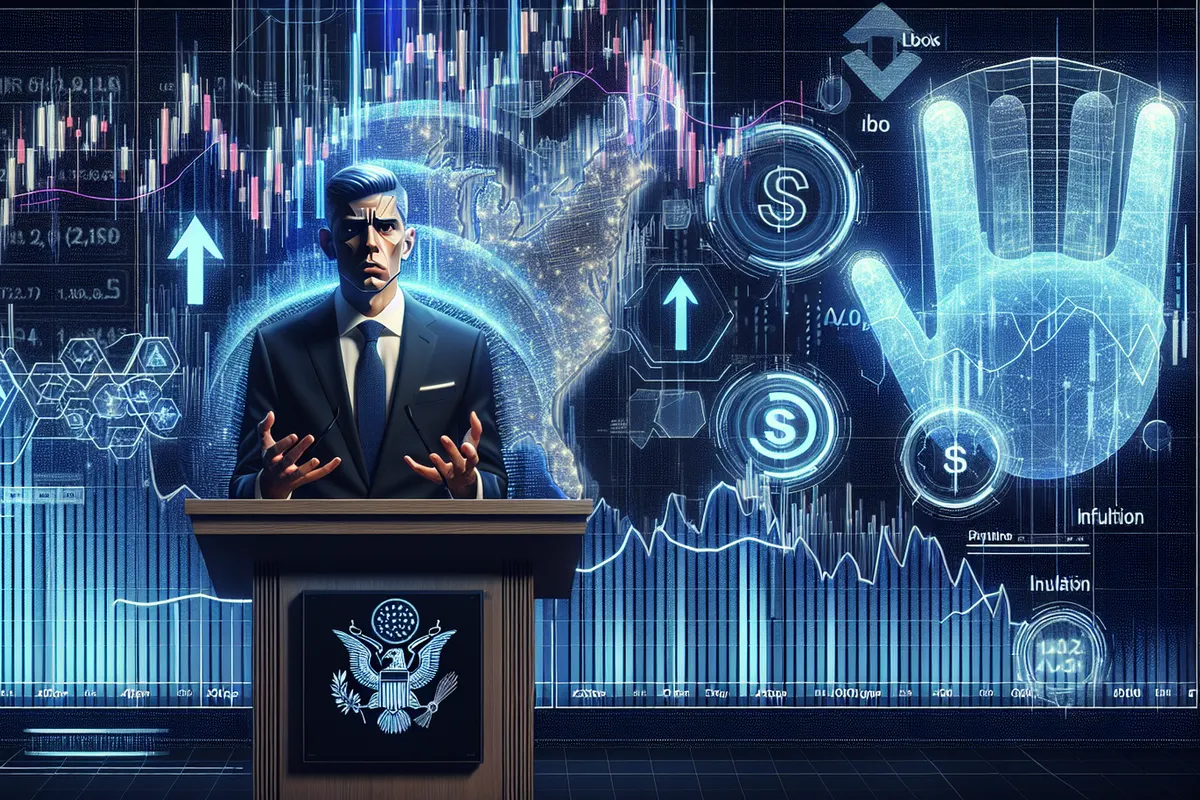 Analystes suivant les marchés, une puce d’IA et des conteneurs symbolisant les tensions commerciales
