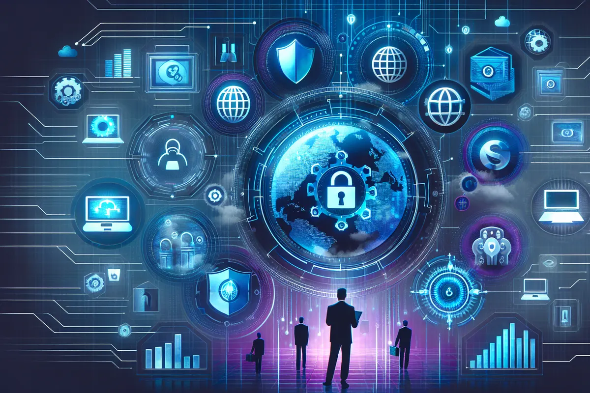 Deux salariés vérifient une demande de virement devant un ordinateur relié à une infrastructure cloud sécurisée.