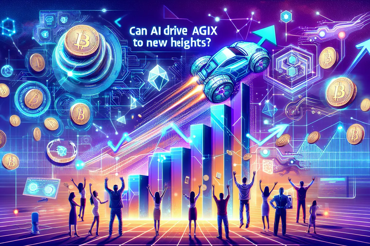 Jeton numérique devant un graphique de marché et un réseau symbolisant l’intelligence artificielle.