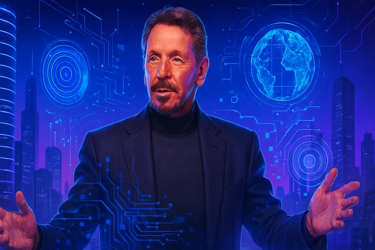 Un dirigeant devant des rangées de serveurs symbolisant la montée d’Oracle dans les infrastructures d’intelligence artificielle.