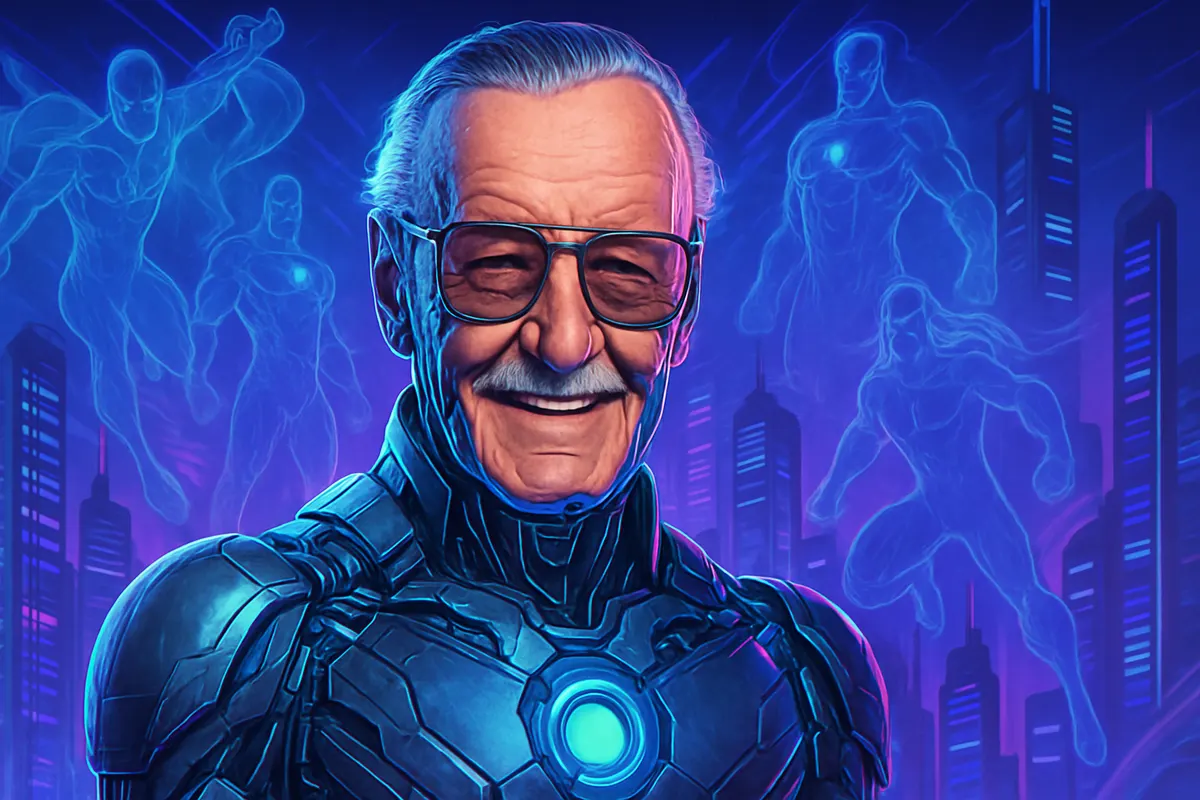 Des visiteurs de convention échangent avec l’avatar holographique d’un créateur de comics disparu.