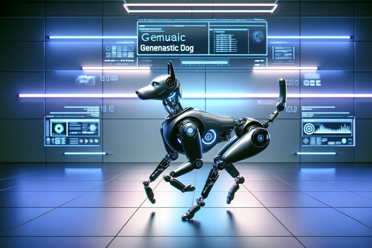 Un chien-robot articulé se déplace dans un salon devant des membres d’une famille.