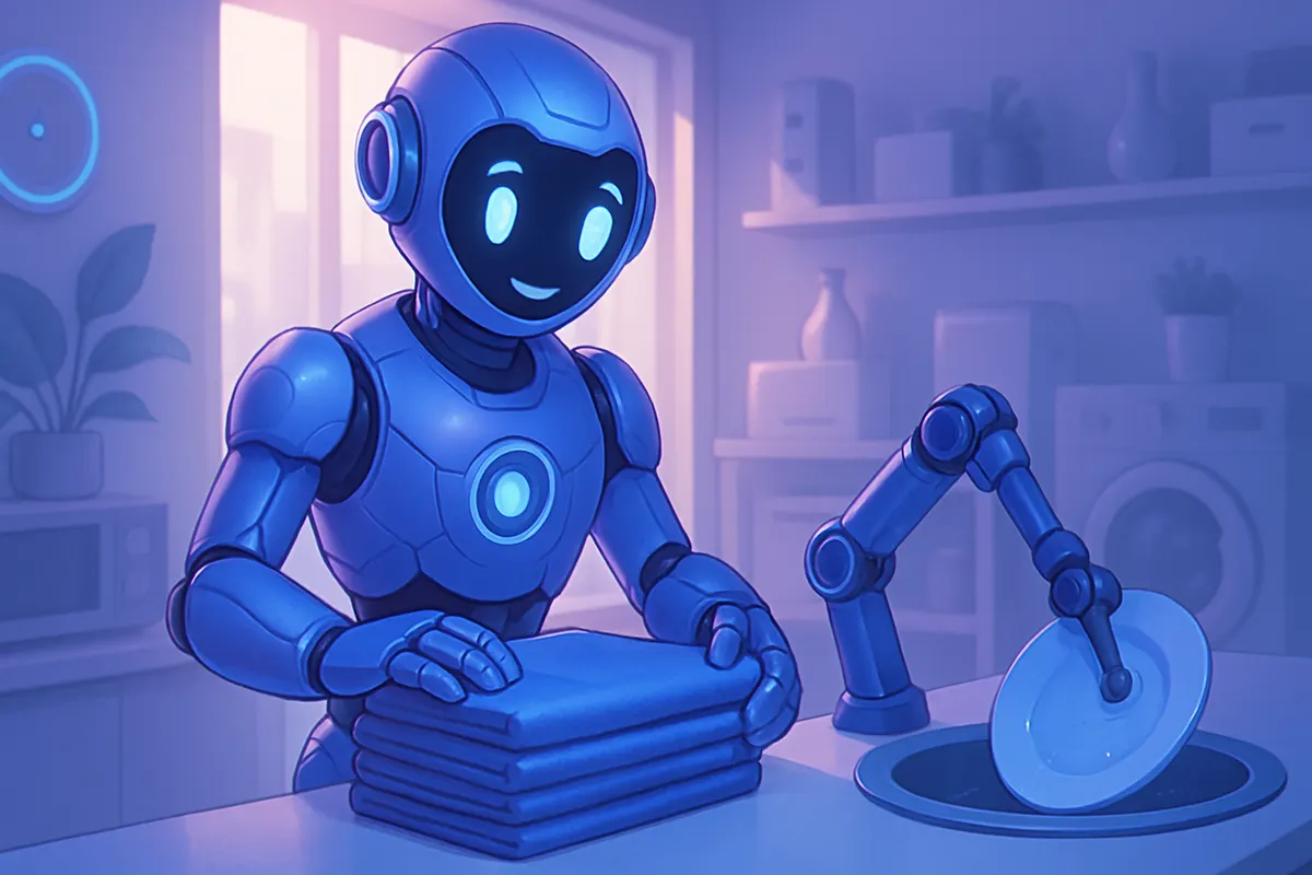 Un robot humanoïde plie une serviette près d’un lave-vaisselle ouvert dans une cuisine domestique.
