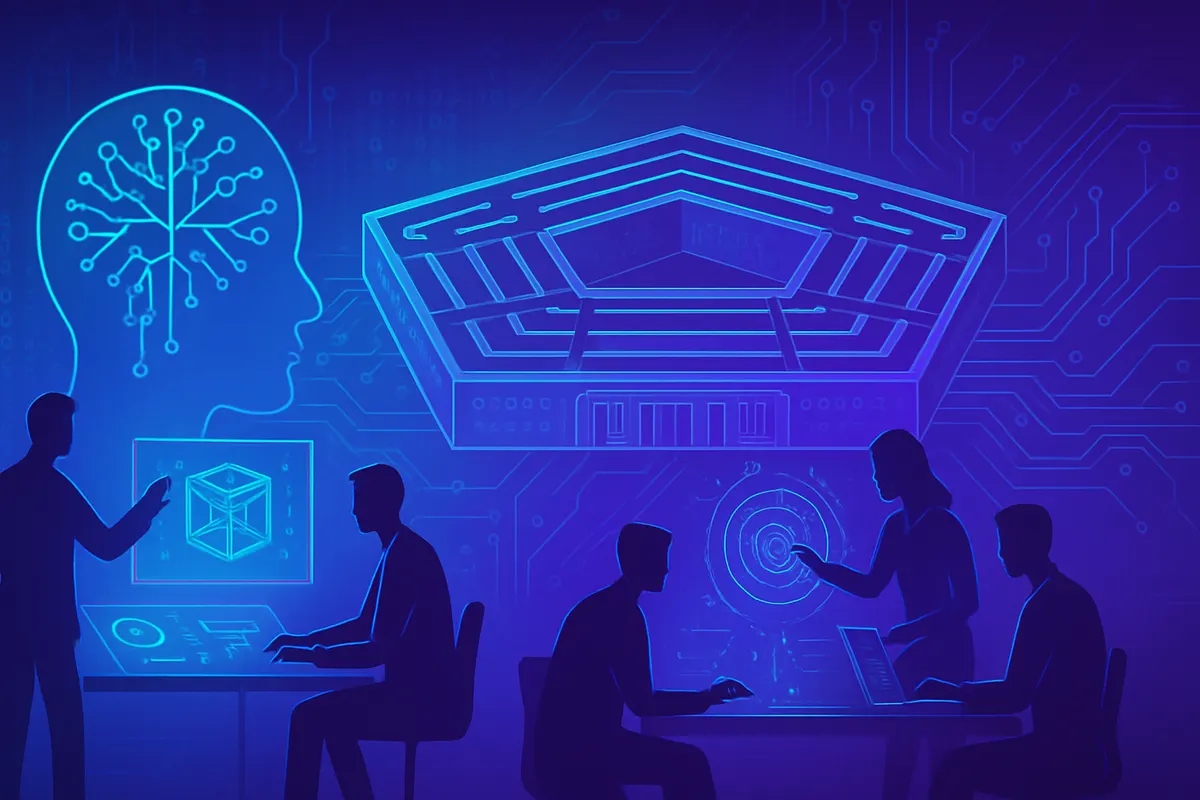 Analystes et ingénieurs dans un centre sécurisé testant des systèmes d’intelligence artificielle pour la défense.