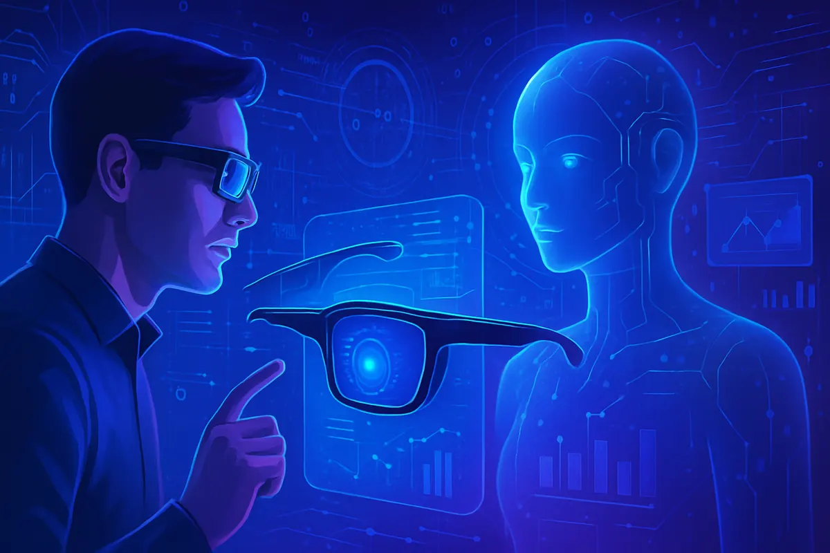 Personne utilisant des lunettes intelligentes pour traduire, comparer un produit et interagir à la voix.