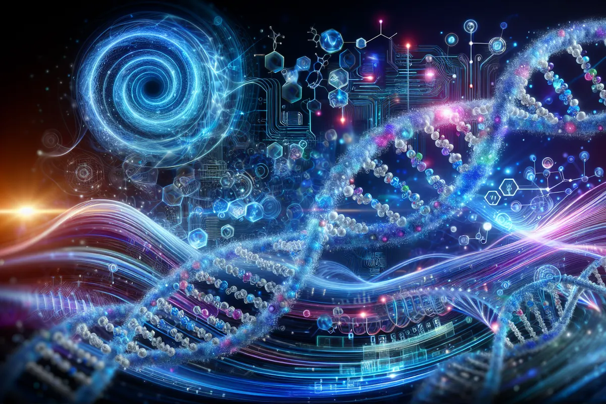 Un flacon d’ADN synthétique en laboratoire, associé à un système informatique d’archivage de données.