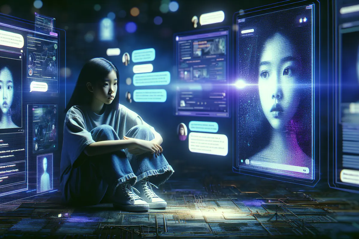 Un adolescent regarde un chatbot sur son téléphone tandis qu’un parent attentif se tient près de lui.
