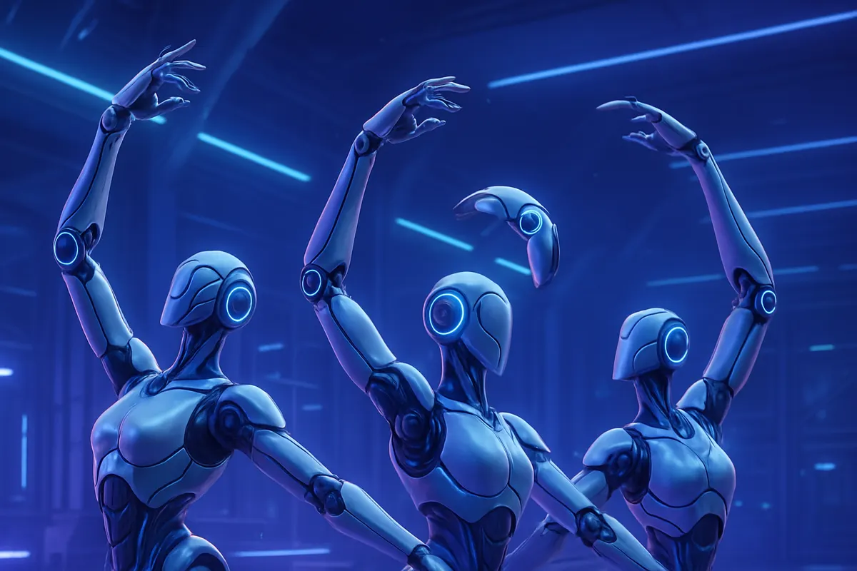 Huit bras robotiques coordonnent leurs mouvements dans une cellule industrielle encombrée.