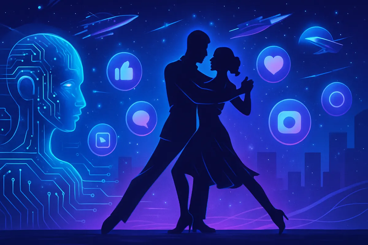 Illustration reliant l’IA de Meta, les réseaux sociaux Bluesky et X, et la fabrication de matériaux en orbite.
