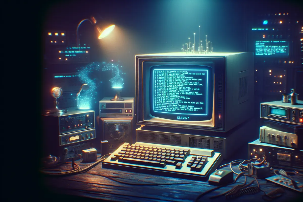 Des listings informatiques anciens examinés dans une archive, à côté d’un terminal moderne affichant un chatbot.