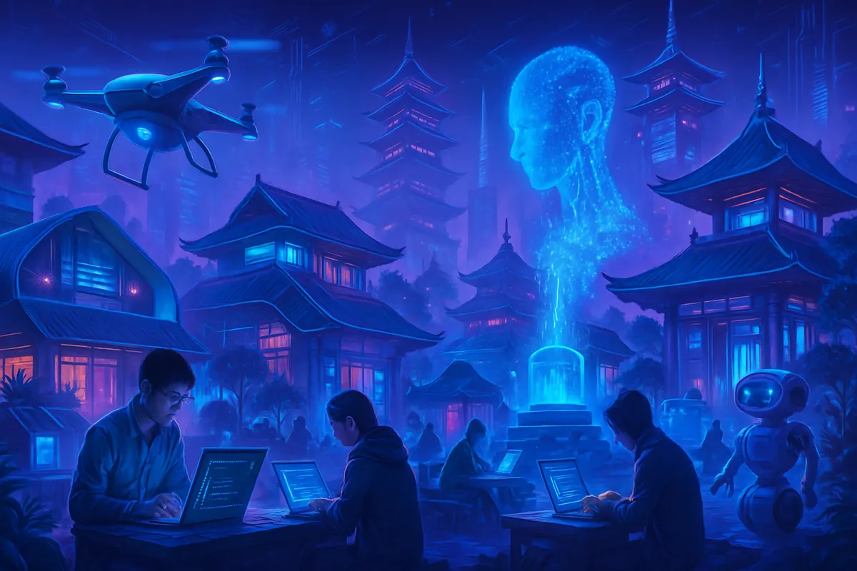 Des développeurs et entrepreneuses collaborent dans un espace dédié aux projets d’intelligence artificielle en Chine.