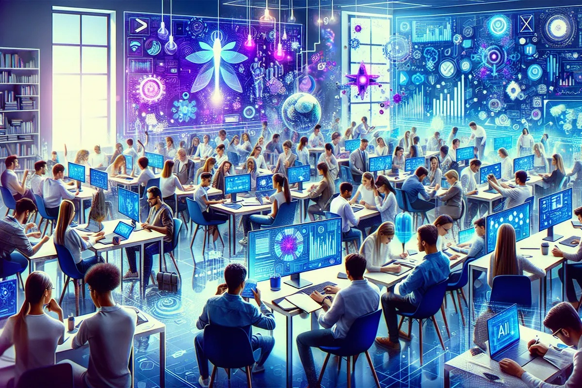 Des étudiants en école de commerce analysent des données avec un enseignant lors d’un atelier sur l’IA.