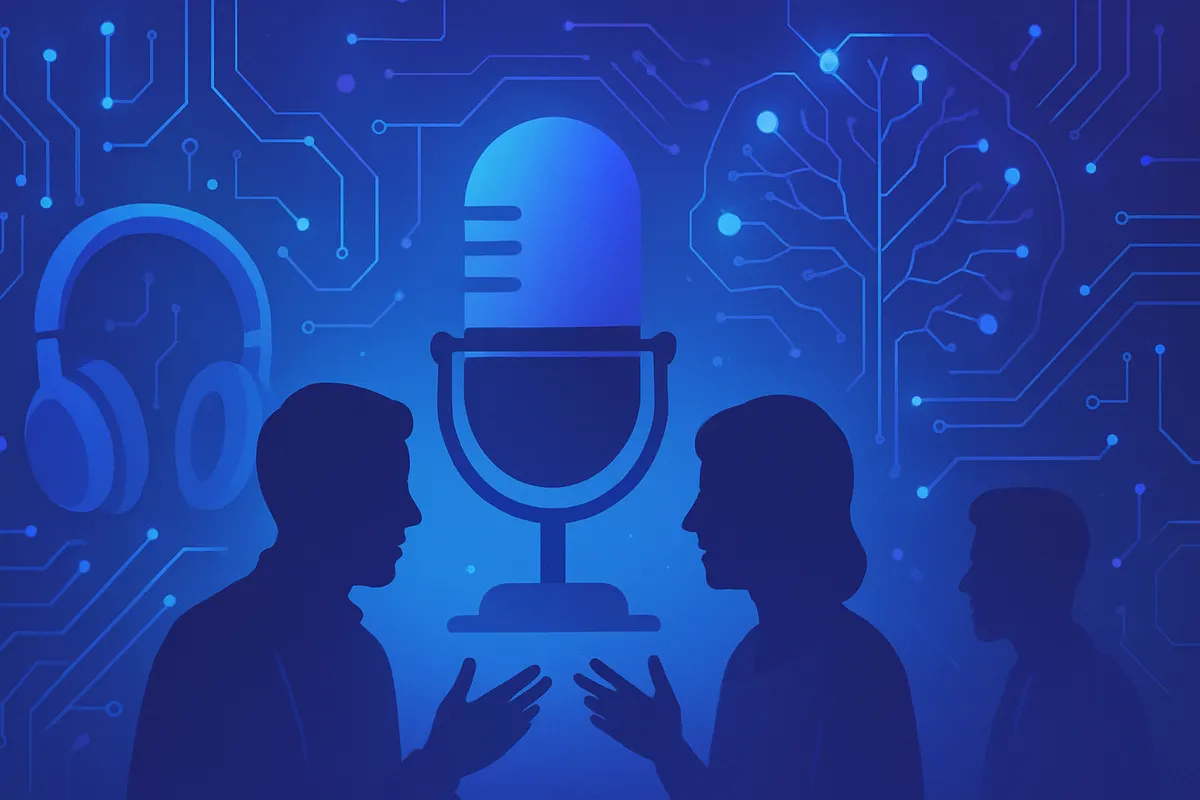 Journaliste enregistrant un podcast devant un centre de données symbolisant la puissance d’OpenAI