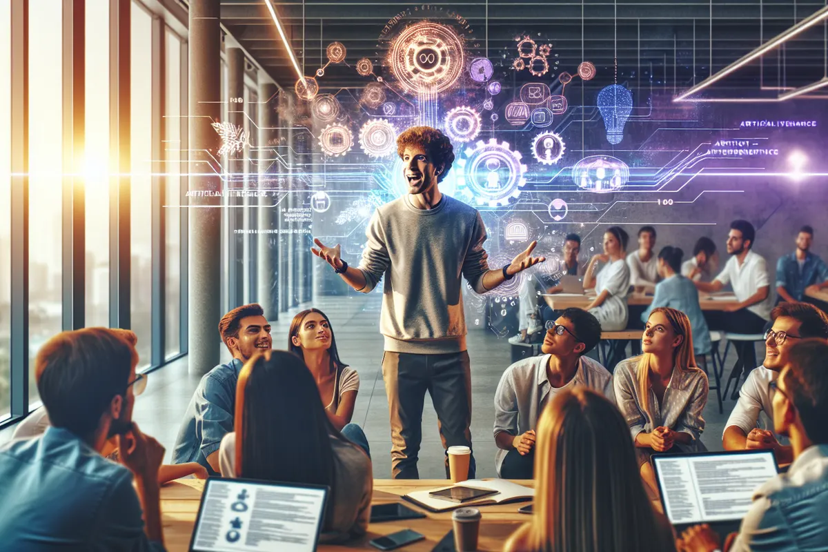 Équipe réunie dans un bureau londonien autour d’outils d’intelligence artificielle et de documents de travail.