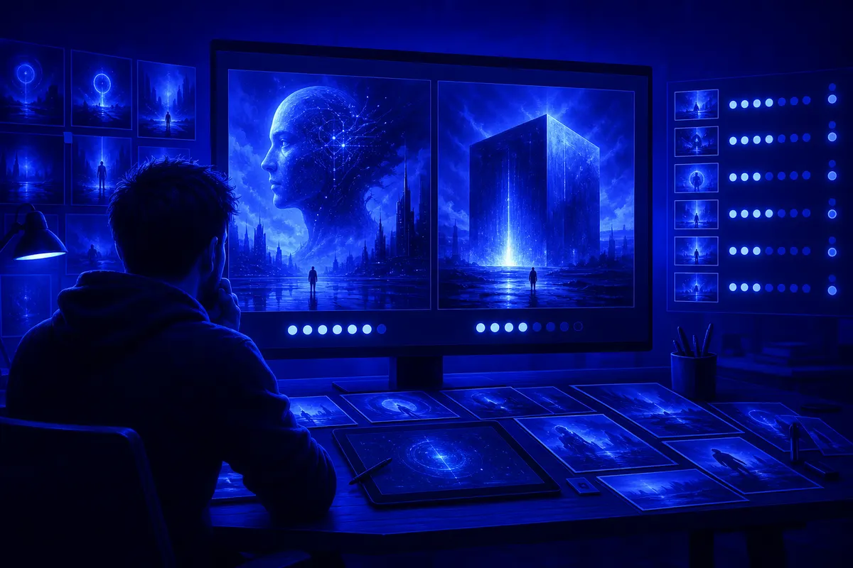 Créatif comparant sur écran deux images générées par IA dans une interface de classement anonyme.