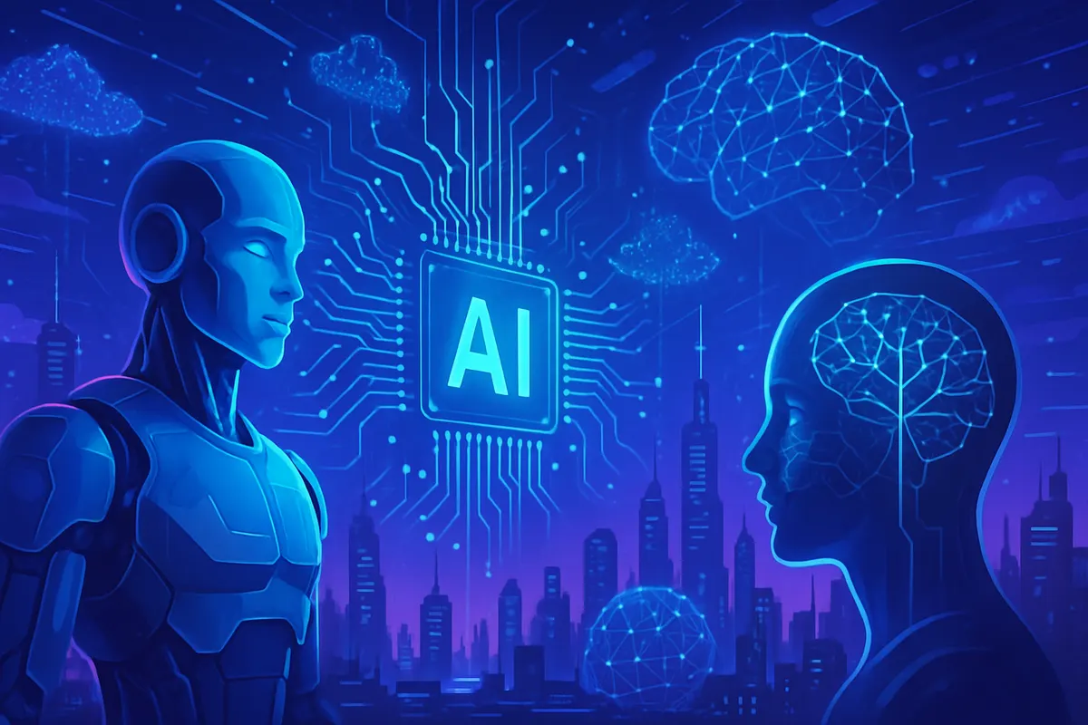 Un utilisateur compare sur ordinateur et smartphone des interfaces d’applications d’intelligence artificielle.
