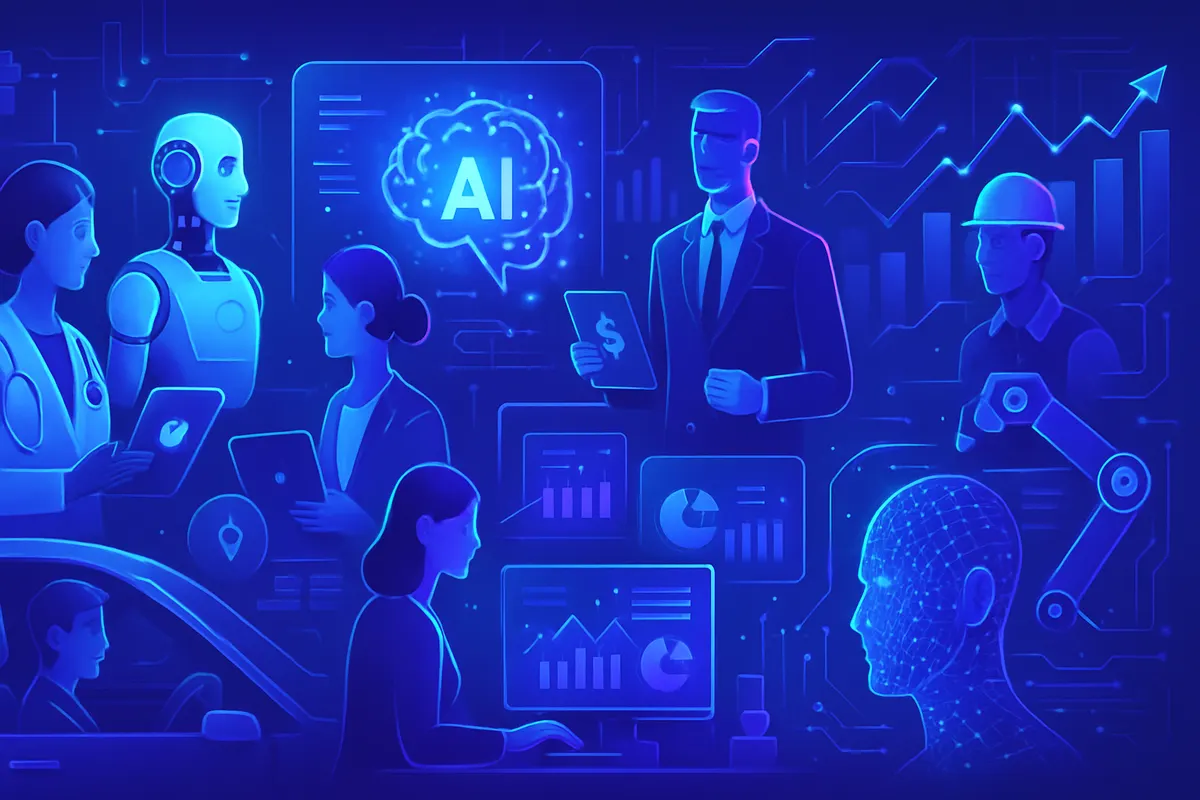 Des professionnels de bureau utilisent une IA pour traduire, analyser des données et préparer des réponses clients.