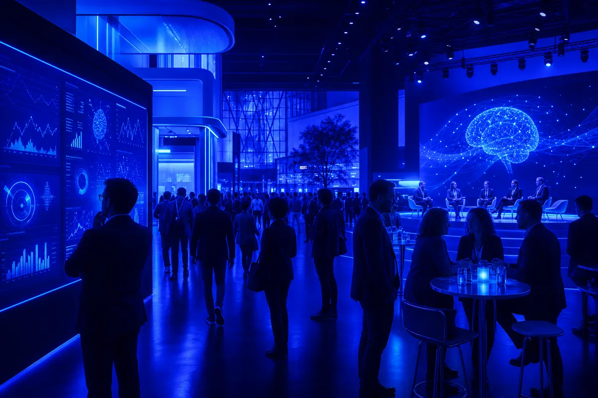 Participants échangent dans un salon professionnel consacré aux données, au marketing et à l’intelligence artificielle.