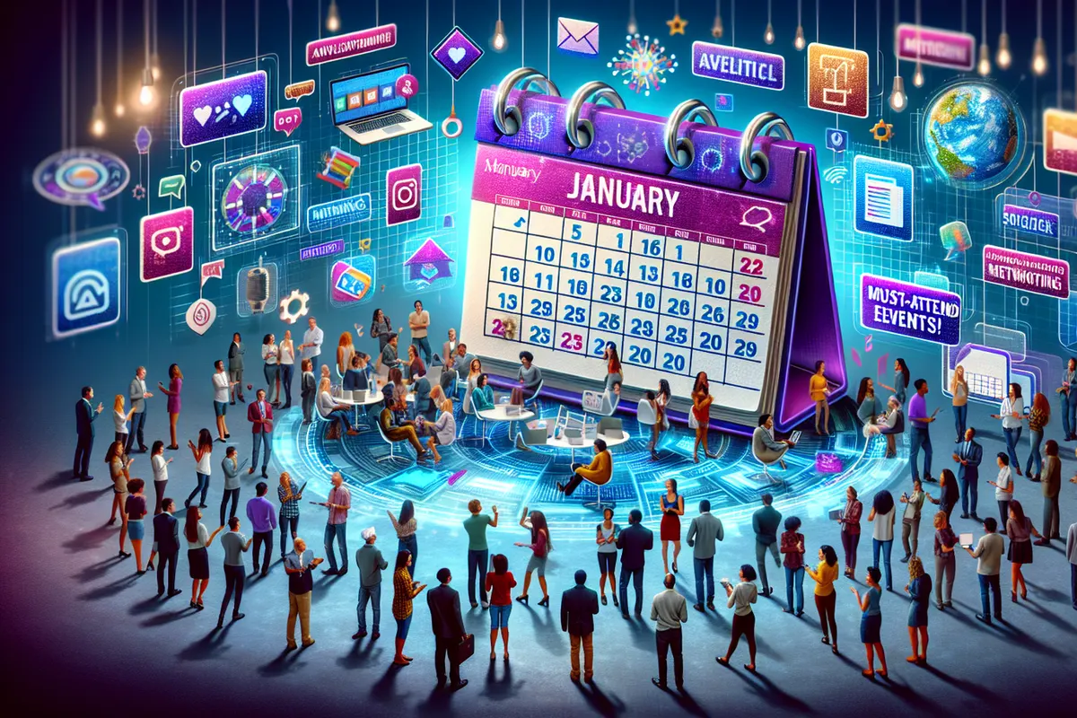Professionnels échangeant dans un salon technologique autour des rendez-vous numériques de janvier 2025.