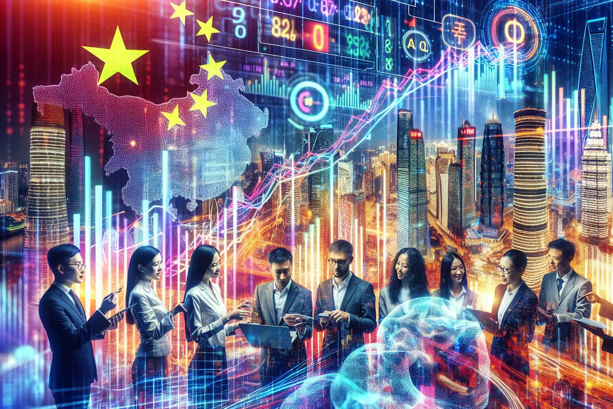Analystes devant des données de marché et une infrastructure cloud illustrant la stratégie IA d’Alibaba.