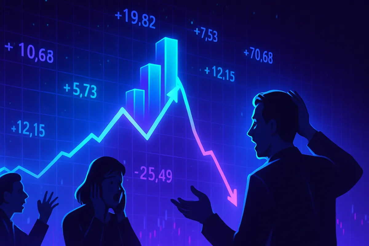 Analystes observant des marchés instables devant un centre de données dédié à l’intelligence artificielle.