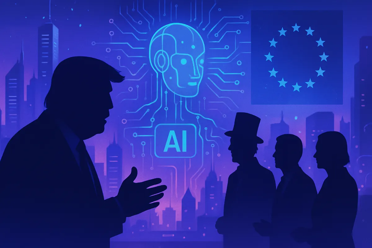 Experts américains et européens débattant des règles de l’intelligence artificielle autour d’une table.