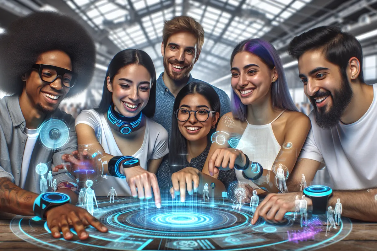 Équipes utilisant l’IA, des objets connectés et des outils immersifs dans un environnement professionnel sécurisé
