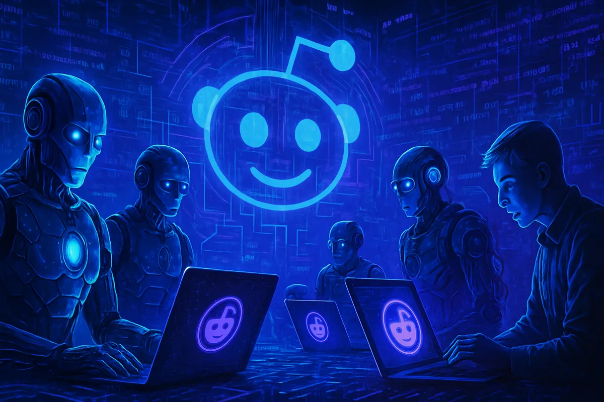 Illustration de discussions en ligne où un modérateur tente de repérer des bots IA parmi des utilisateurs.