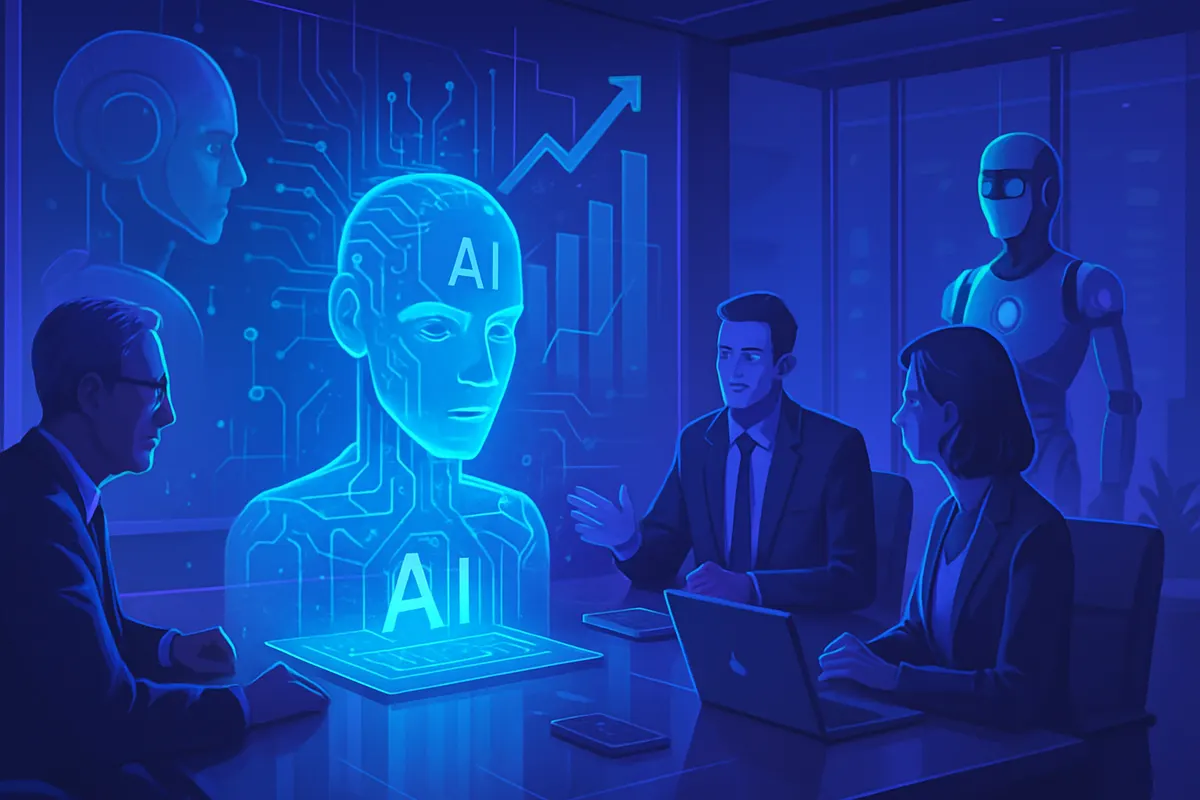 Des gestionnaires de patrimoine analysent des investissements liés à l’intelligence artificielle sur des écrans financiers.
