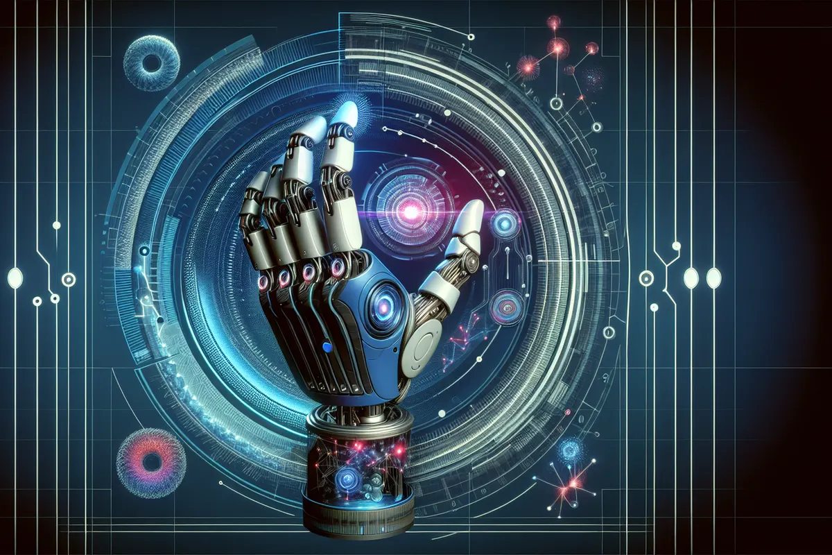 Main robotique à trois doigts manipulant un cube et une balle dans un laboratoire de recherche.