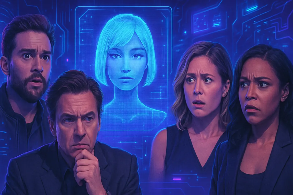 Dans une salle de casting, des acteurs observent sur un écran le visage d’un personnage virtuel.