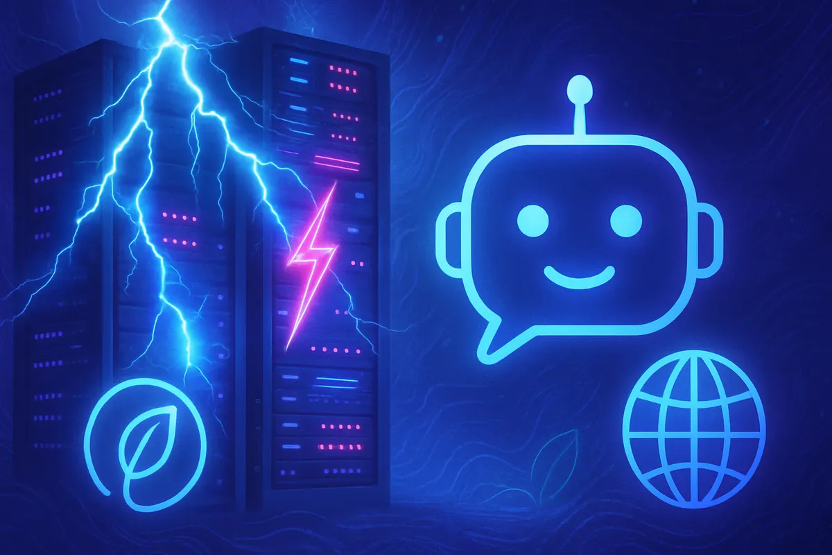 Rangées de serveurs dans un centre de données qui traite les requêtes de chatbots d’intelligence artificielle