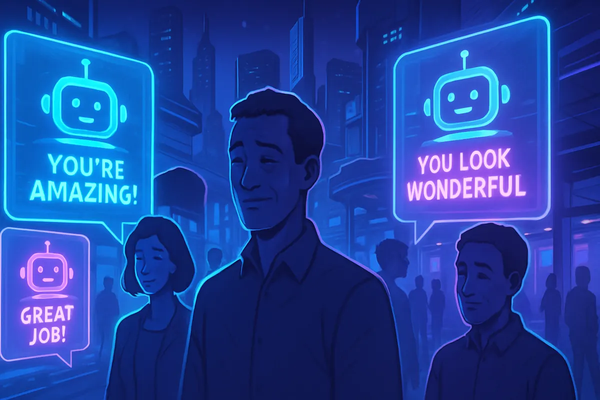 Une personne consulte un chatbot sur un ordinateur tandis qu’un conflit relationnel est suggéré en arrière-plan.