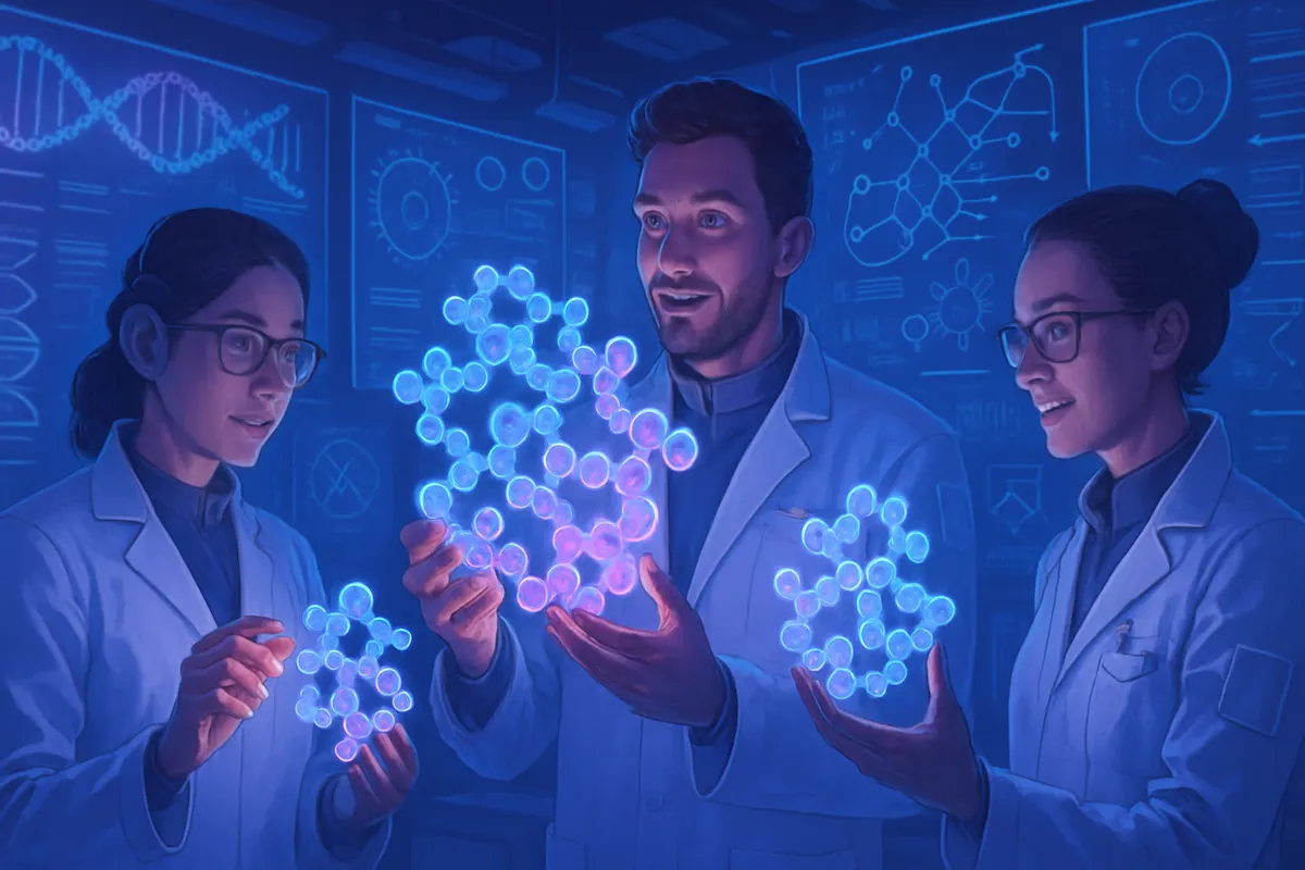 Visualisation d’une chaîne protéique reliée à des nœuds de réseau neuronal analysés en laboratoire