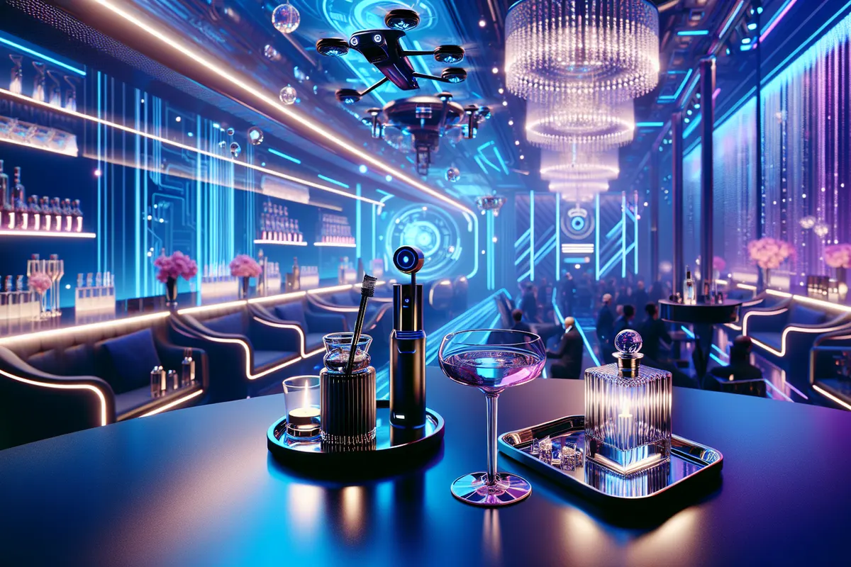 Un agent secret fictif dans un club élégant, entre table de casino, Martini et écrans de studio.
