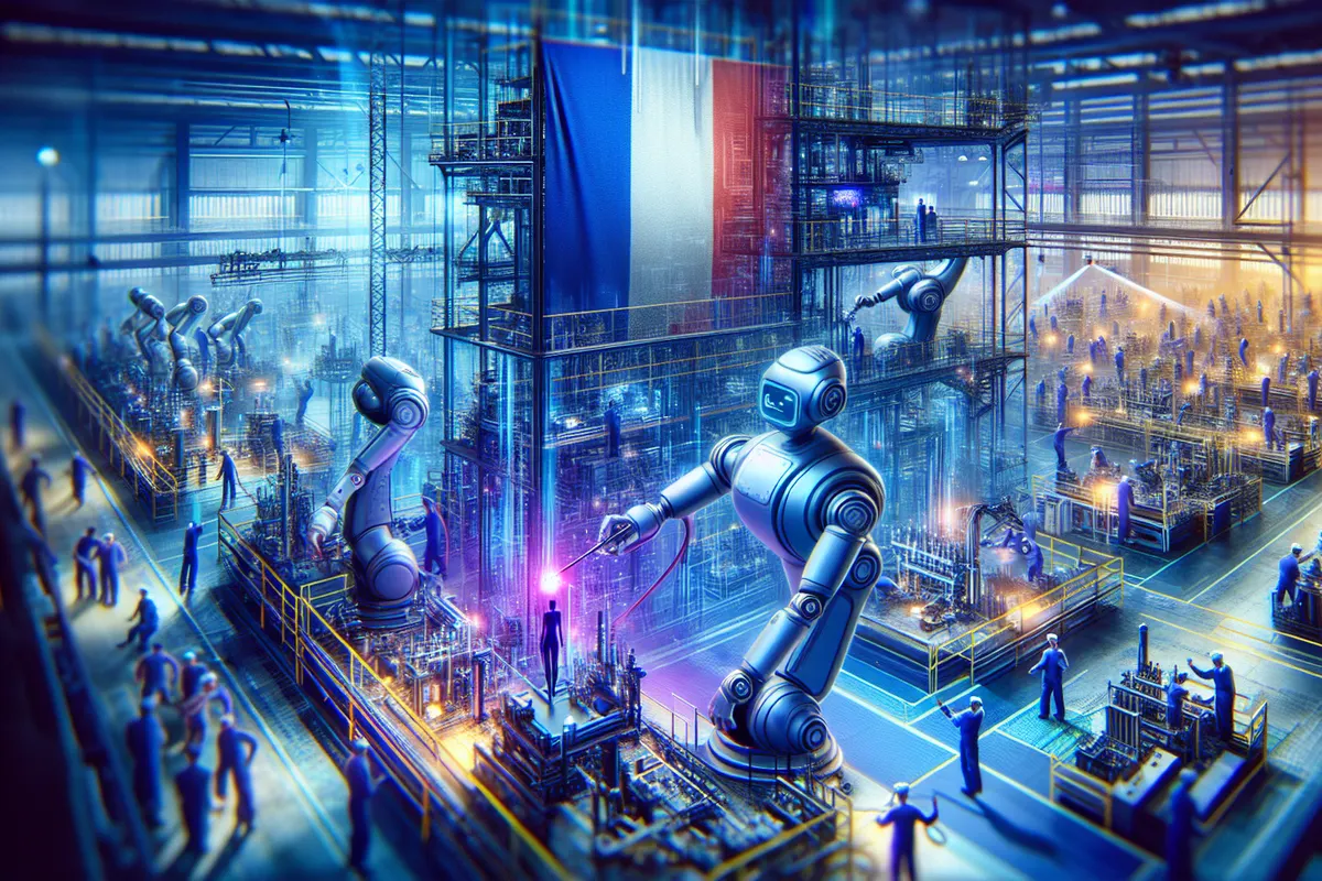 Un opérateur travaille avec un bras robotique collaboratif sur une ligne d’assemblage industrielle.